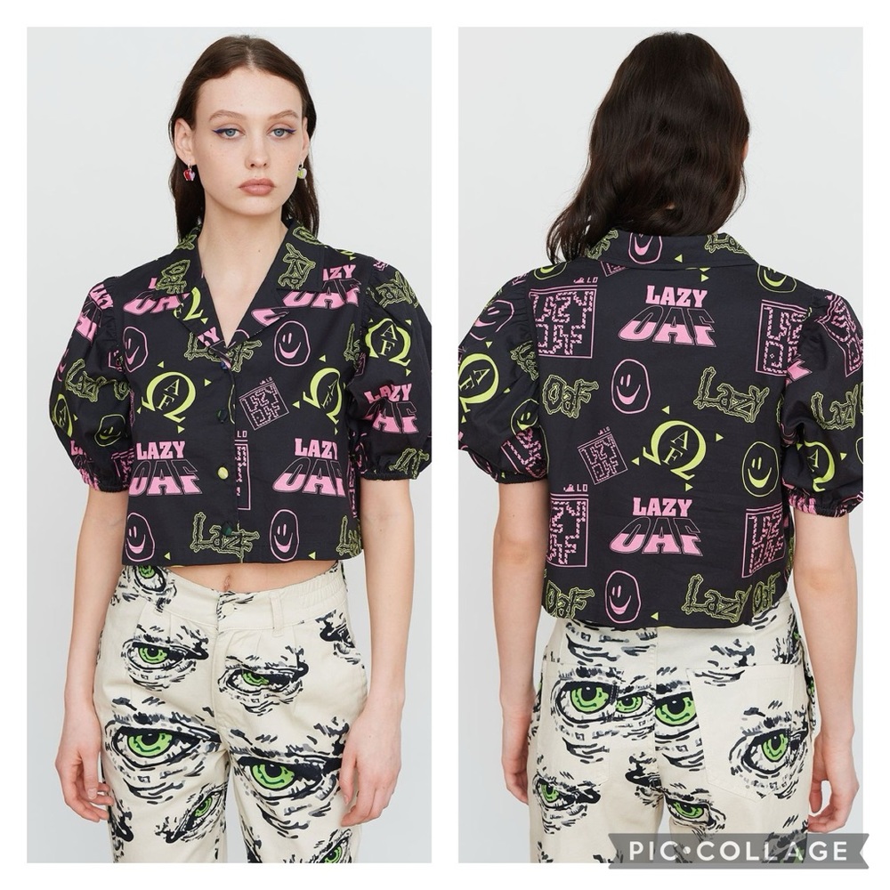 Lazy Oaf Black and Pink Graphic Crop Top